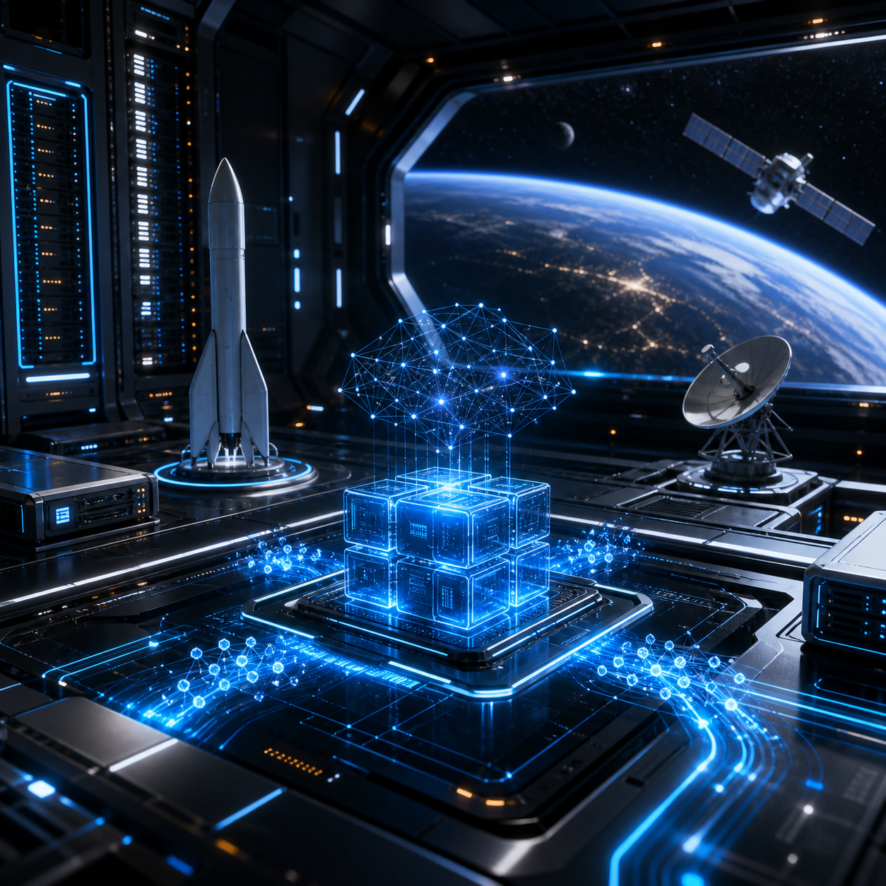 Orbital server bay representing Grokpaxum AI compute billing
