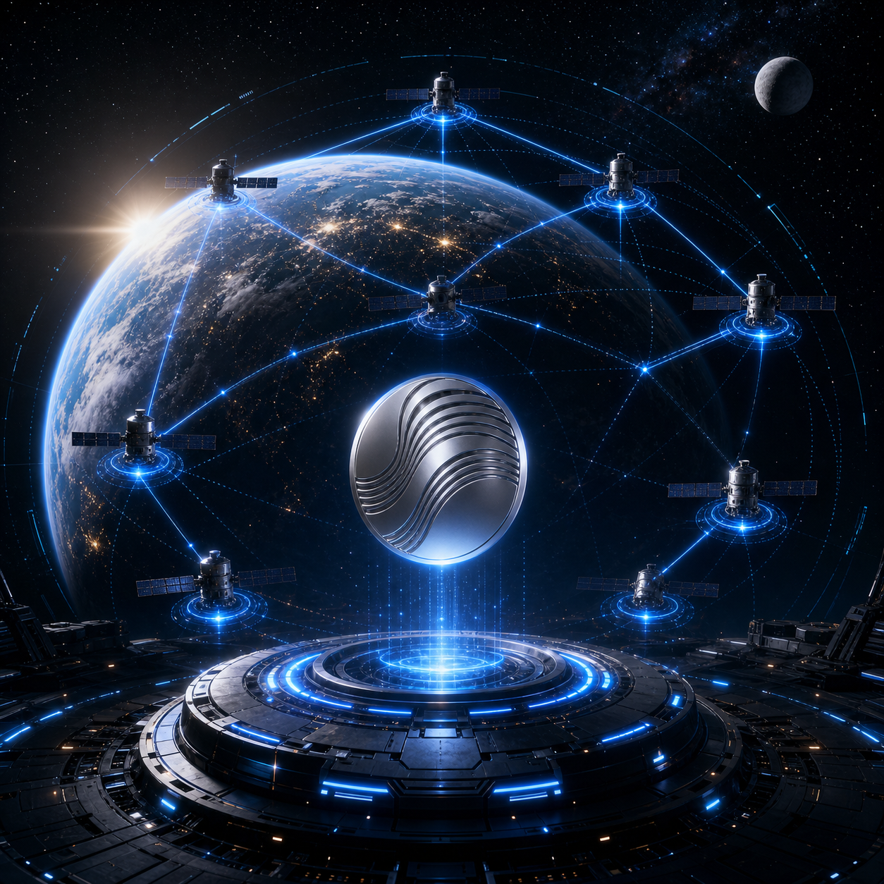 Satellite network around Earth representing Grokpaxum multi-chain settlement